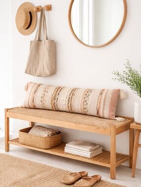 Boho Textured Lumbar Pillow Cover w/ Tassels Neutral Earth Tone Stripes